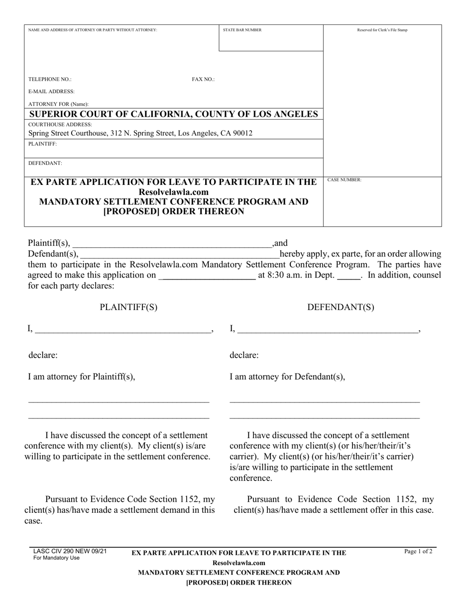 Form LACIV290 Ex Parte Application for Leave to Participate in the Mandatory Settlement Conference Program and (Proposed) Order Thereon - County of Los Angeles, California, Page 1