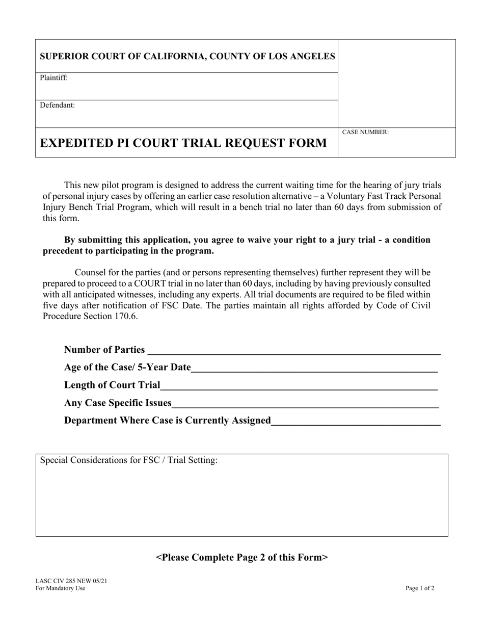 Form LACIV285 Expedited Pi Court Trial Request Form - County of Los Angeles, California, Page 1