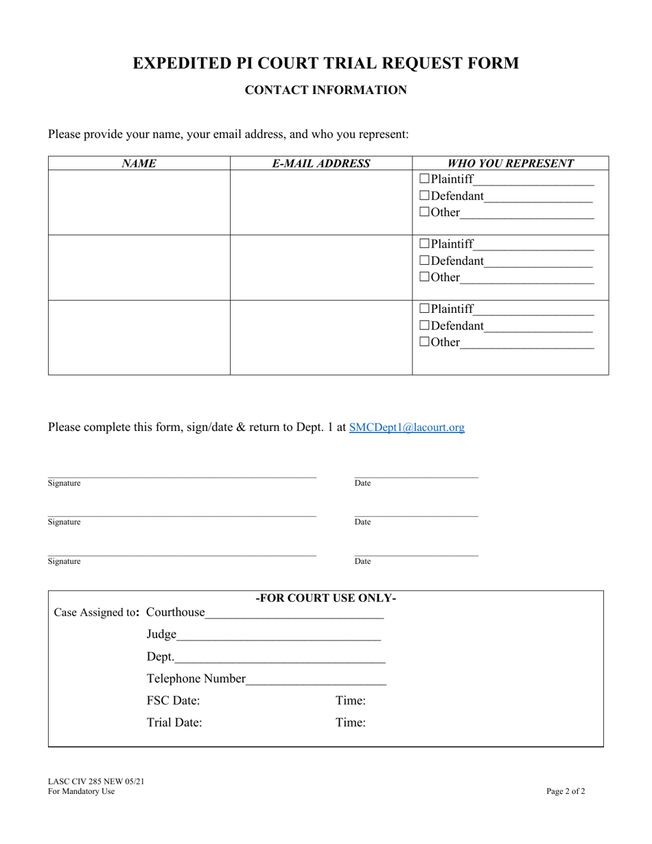 Form LACIV285 Expedited Pi Court Trial Request Form - County of Los Angeles, California, Page 2
