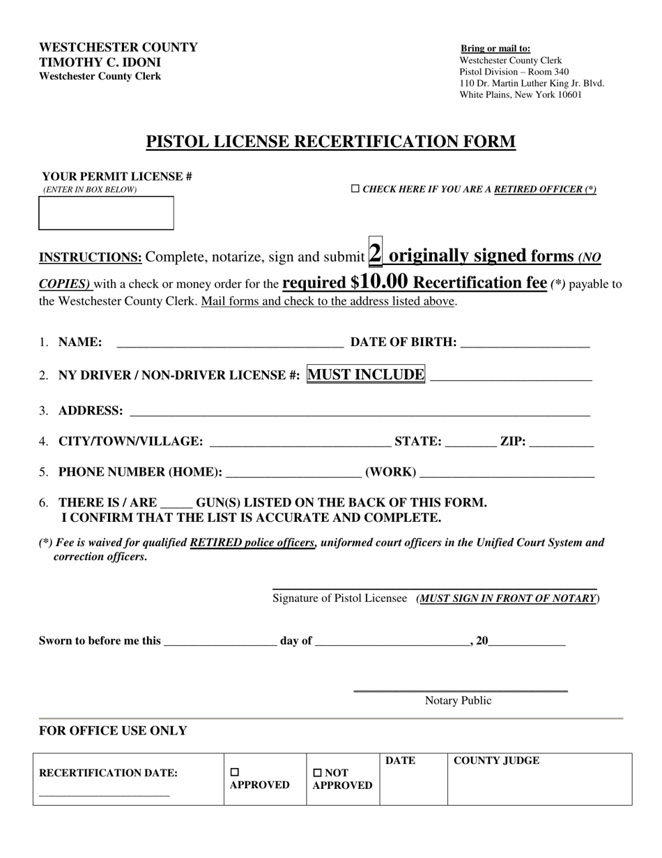 Pistol License Recertification Form - Westchester County, New York, Page 1
