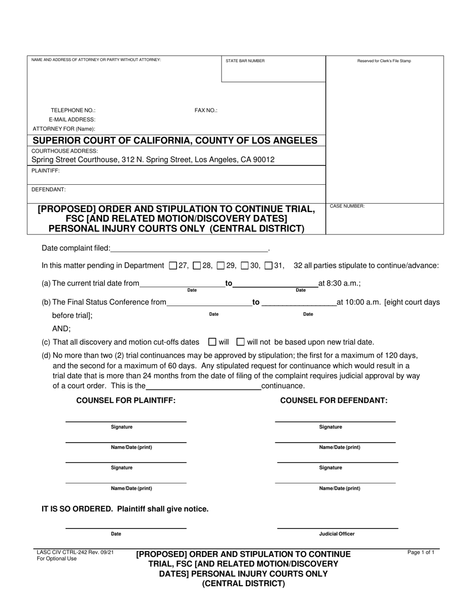 Form LACIV CTRL-242 (Proposed) Order and Stipulation to Continue Trial, FSC [and Related Motion / Discovery Dates] Personal Injury Courts Only (Central District) - County of Los Angeles, California, Page 1