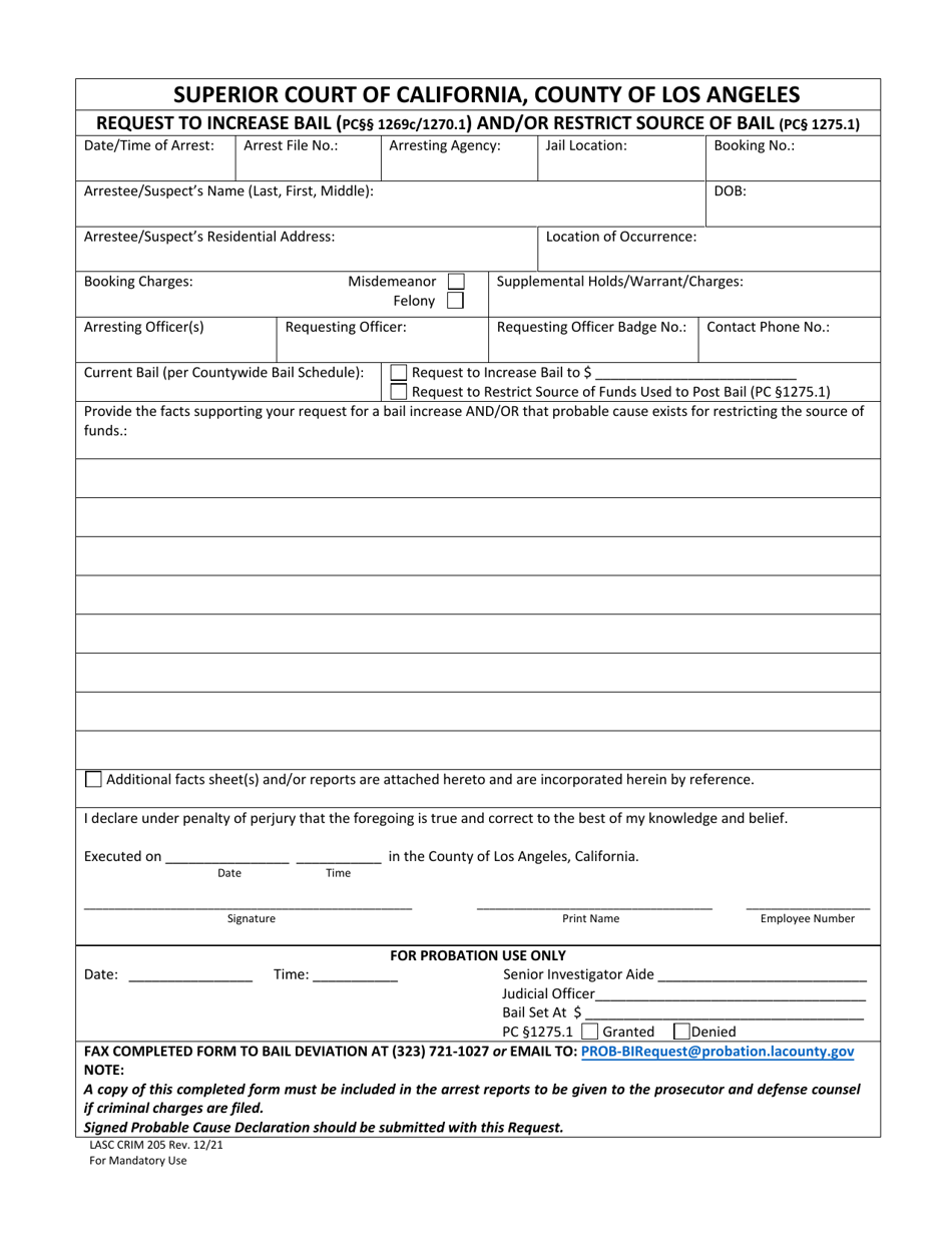 Form CRIM205 Request to Increase Bail (Pc 1269c / 1270.1) and / or Restrict Source of Bail (Pc 1275.1) - County of Los Angeles, California, Page 1