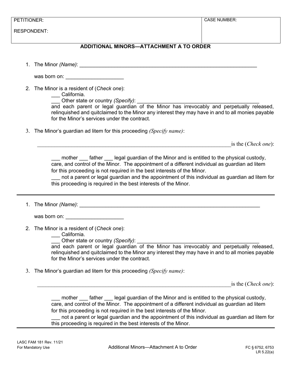 Form FAM181 Attachment A Additional Minors - County of Los Angeles, California, Page 1