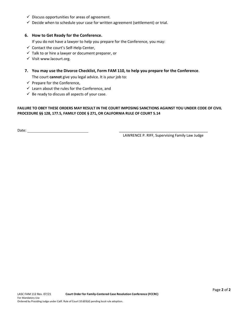 Form FAM112 Court Order for Family-Centered Case Resolution Conference (Fccrc) - Dissolution / Legal Separation / Nullity Cases - County of Los Angeles, California, Page 2