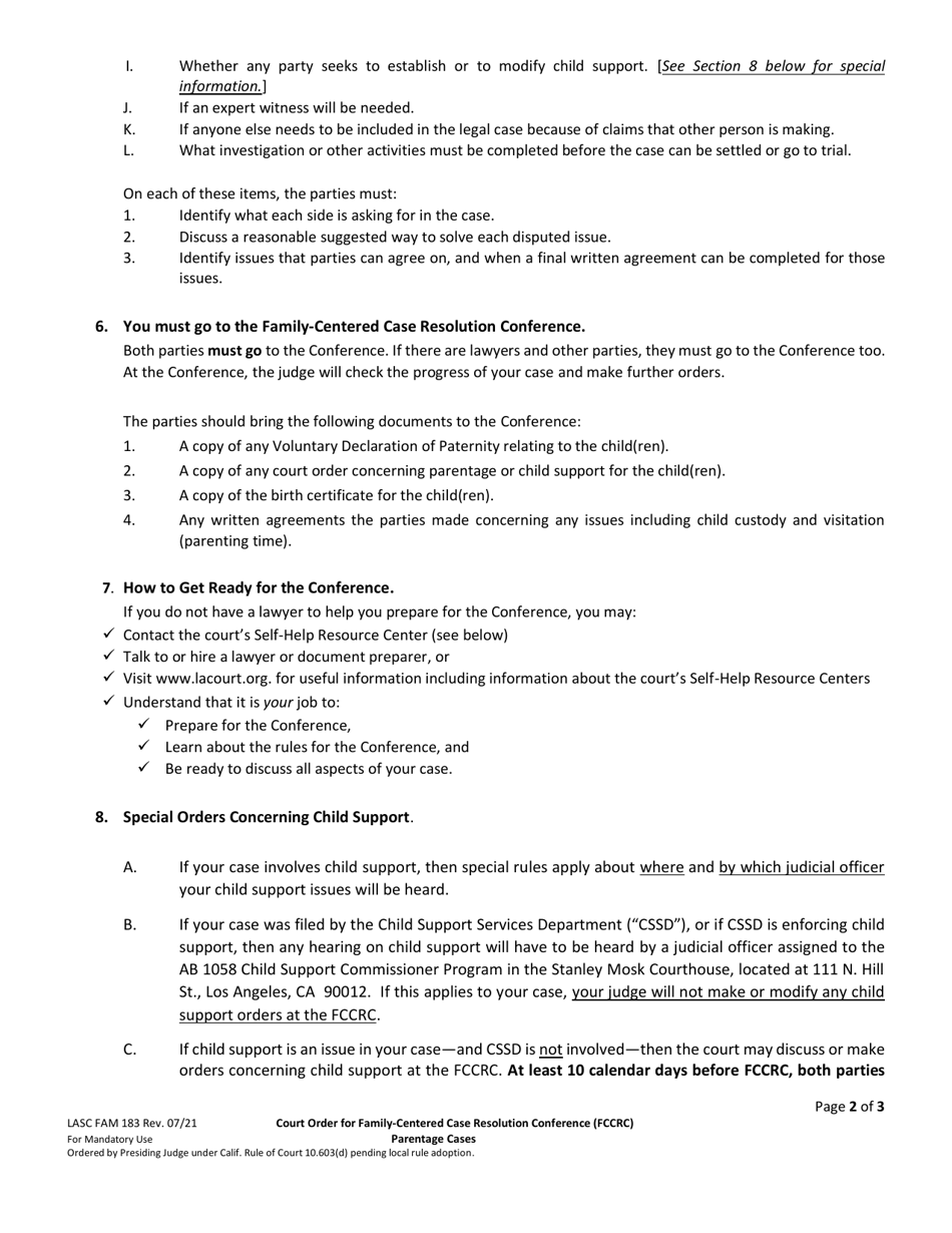 Form FAM183 Court Order for Family-Centered Case Resolution Conference (Fccrc) - Parentage Cases - County of Los Angeles, California, Page 2