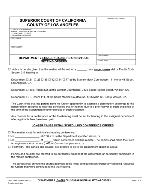 Form FAM205 Department 2 Longer Cause Hearing/Trial Setting Orders - County of Los Angeles, California