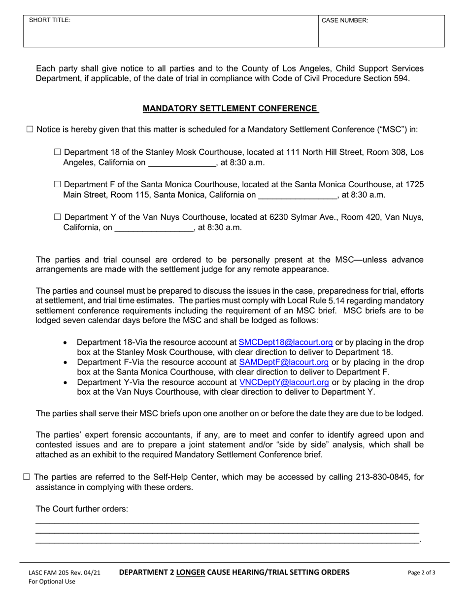 Form FAM205 Department 2 Longer Cause Hearing / Trial Setting Orders - County of Los Angeles, California, Page 2