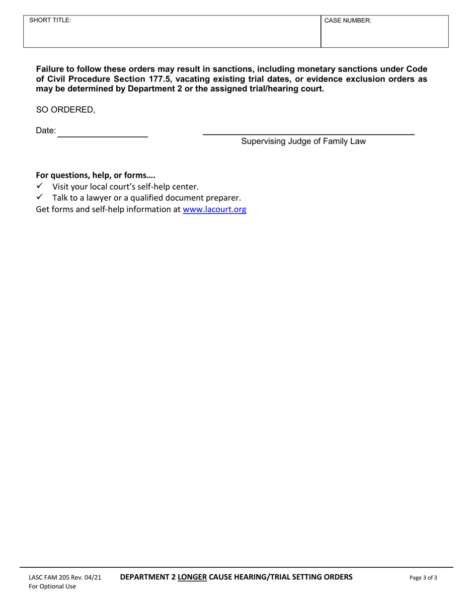 Form FAM205 Department 2 Longer Cause Hearing / Trial Setting Orders - County of Los Angeles, California, Page 3