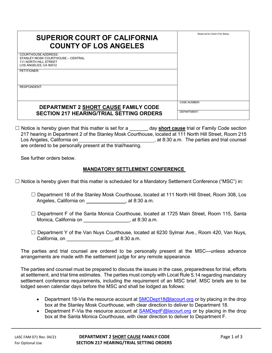 Form FAM071 Department 2 Short Cause Family Code Section 217 Hearing / Trial Setting Orders - County of Los Angeles, California, Page 1