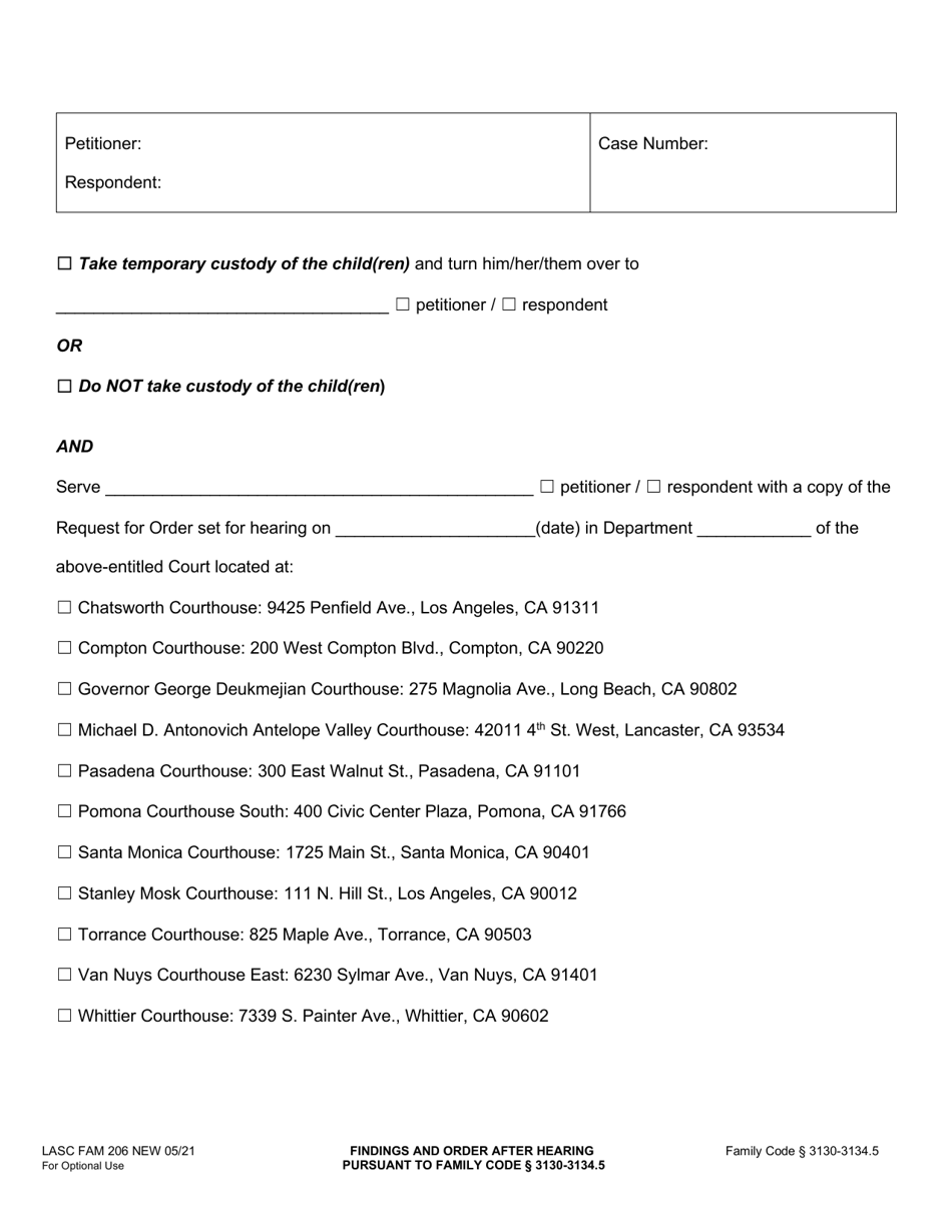 Form FAM206 Findings and Order After Hearing Pursuant to Family Code 3130-3134.5 - County of Los Angeles, California, Page 2