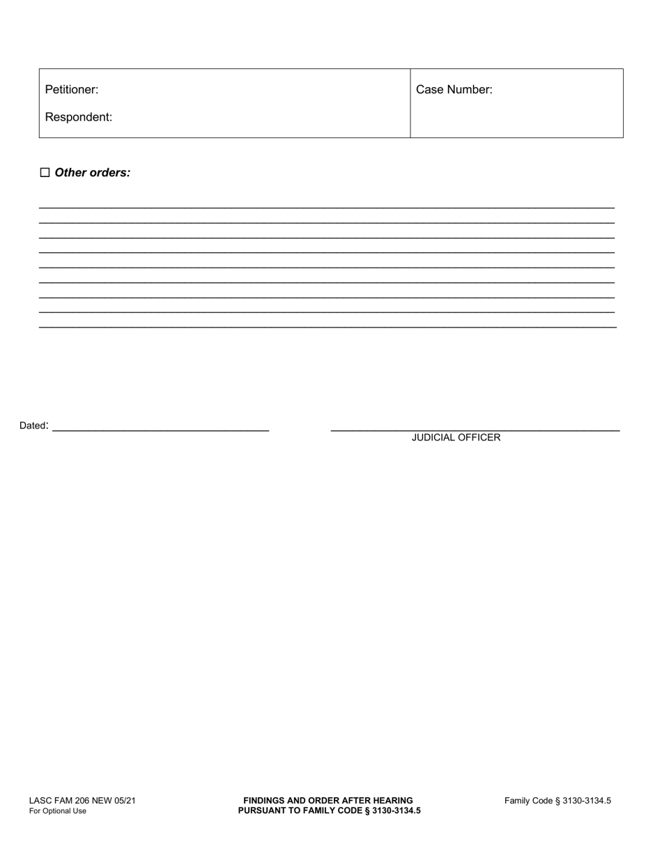 Form FAM206 Findings and Order After Hearing Pursuant to Family Code 3130-3134.5 - County of Los Angeles, California, Page 3