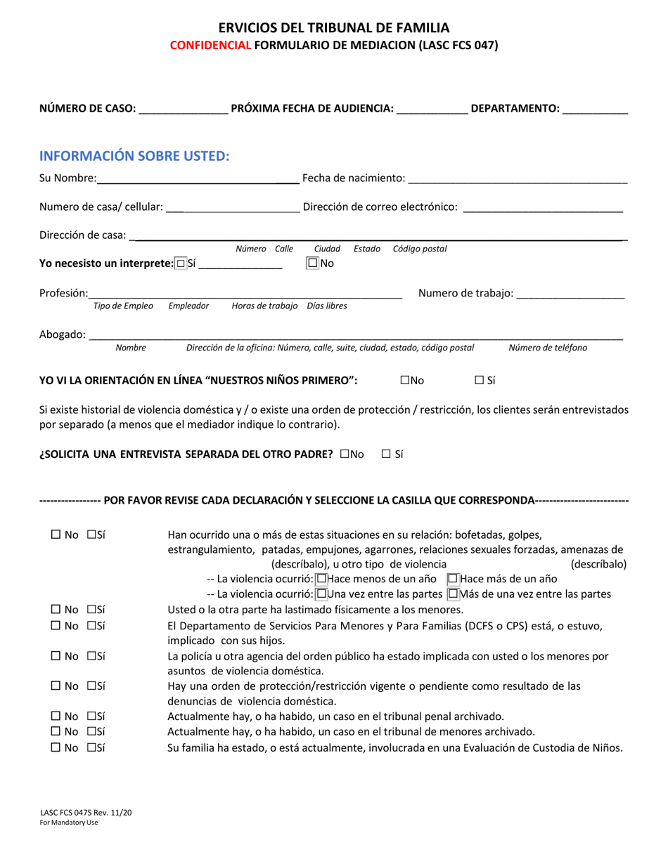 Formulario FCS047S Servicios Del Tribunal De Familia Confidencial Formulario De Mediacion - County of Los Angeles, California (Spanish), Page 2