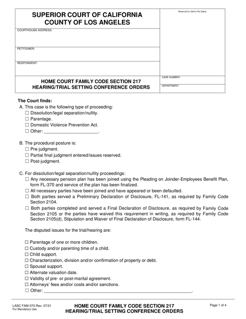 Form FAM070 Home Court Family Code Section 217 Hearing/Trial Setting Conference Orders - County of Los Angeles, California