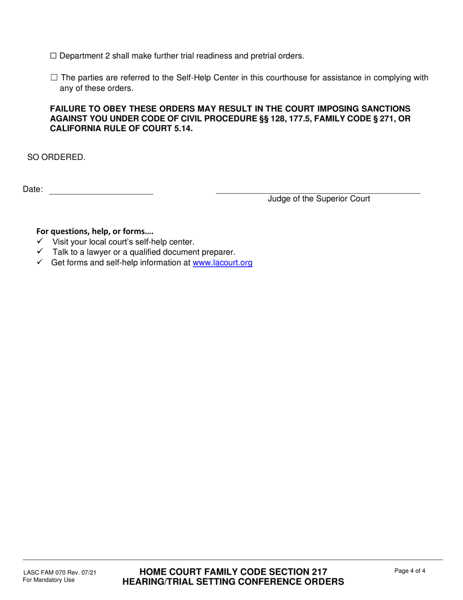 Form FAM070 Home Court Family Code Section 217 Hearing / Trial Setting Conference Orders - County of Los Angeles, California, Page 4