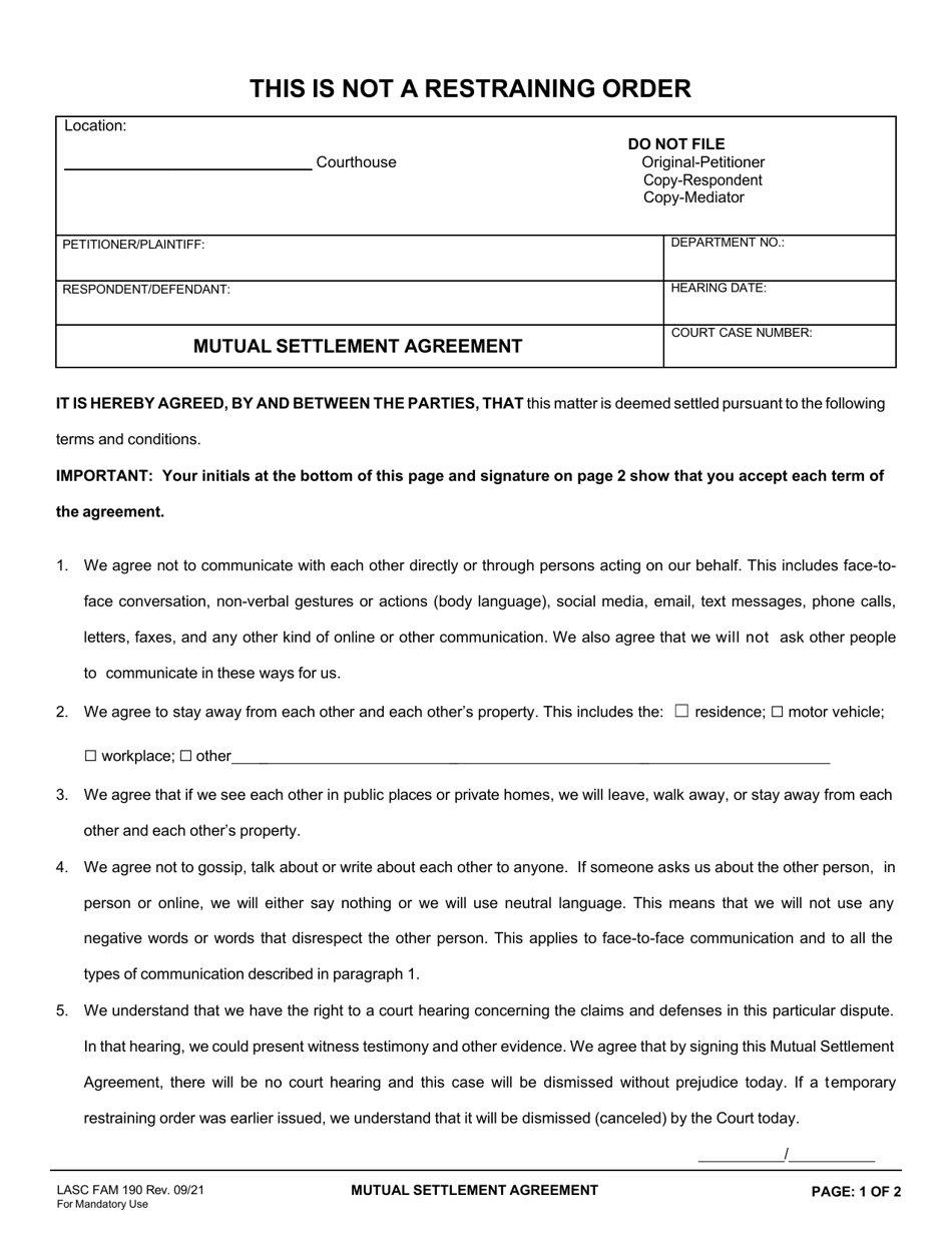 Form FAM190 Mutual Settlement Agreement - County of Los Angeles, California, Page 1