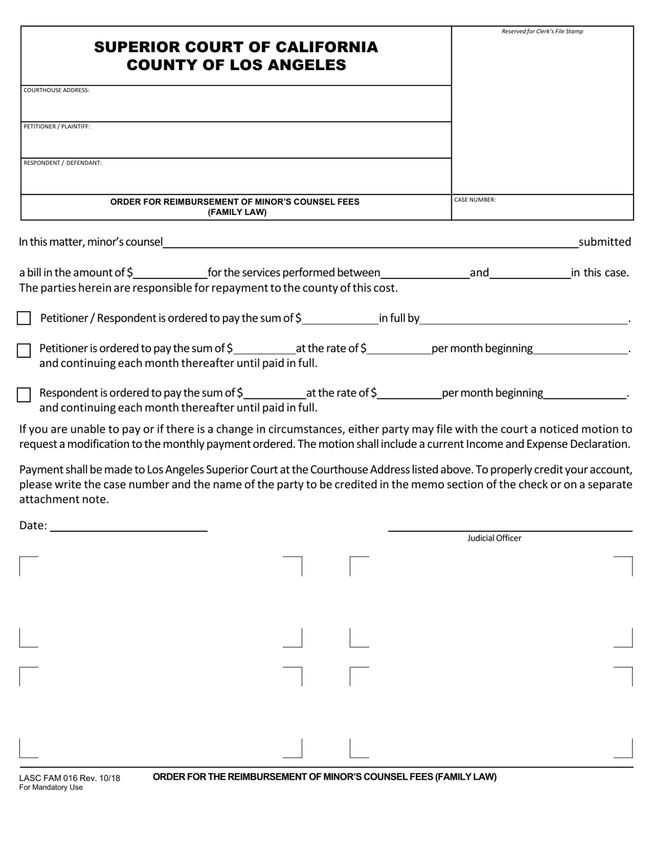 Form FAM016 Order for Reimbursement of Minors Counsel Fees (Family Law) - County of Los Angeles, California, Page 1