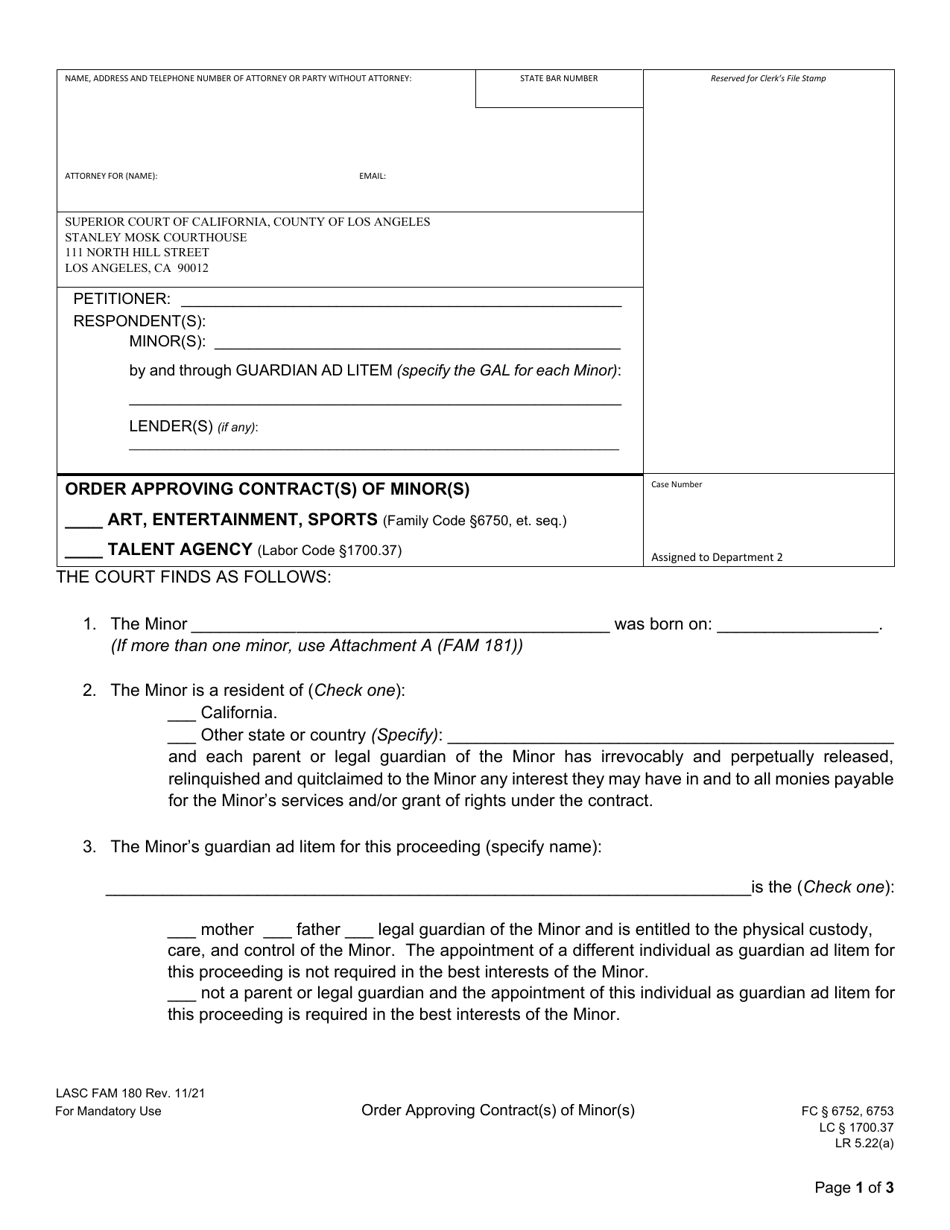 Form FAM180 Order Approving Contract(S) of Minor(S) - County of Los Angeles, California, Page 1