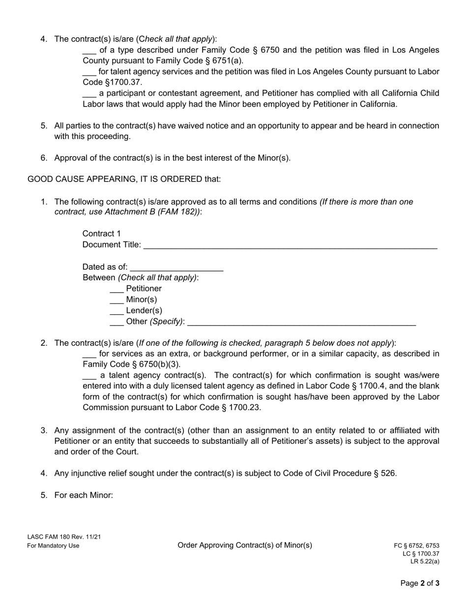 Form FAM180 Order Approving Contract(S) of Minor(S) - County of Los Angeles, California, Page 2