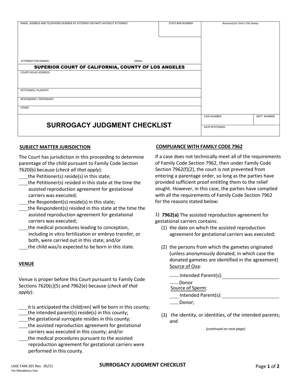 Form FAM201 Surrogacy Judgment Checklist - County of Los Angeles, California, Page 1