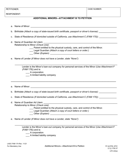 Form FAM174 Attachment B Additional Minors - Attachment to Petition - County of Los Angeles, California