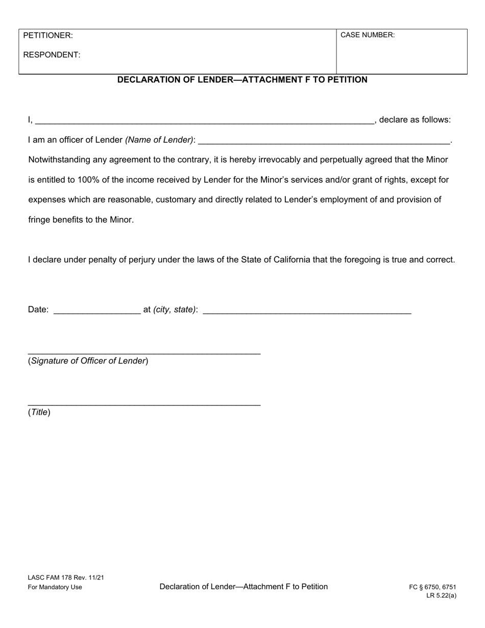 Form FAM178 Attachment F Declaration of Lender - Attachment to Petition - County of Los Angeles, California, Page 1