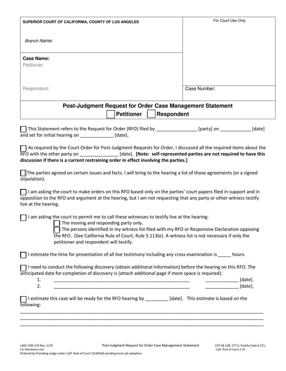 Form FAM119 Post-judgment Request for Order Case Management Statement - County of Los Angeles, California, Page 1