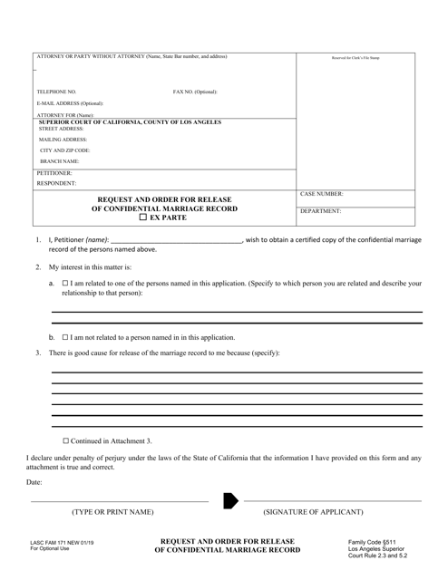 Form FAM171 Request and Order for Release of Confidential Marriage Record - County of Los Angeles, California