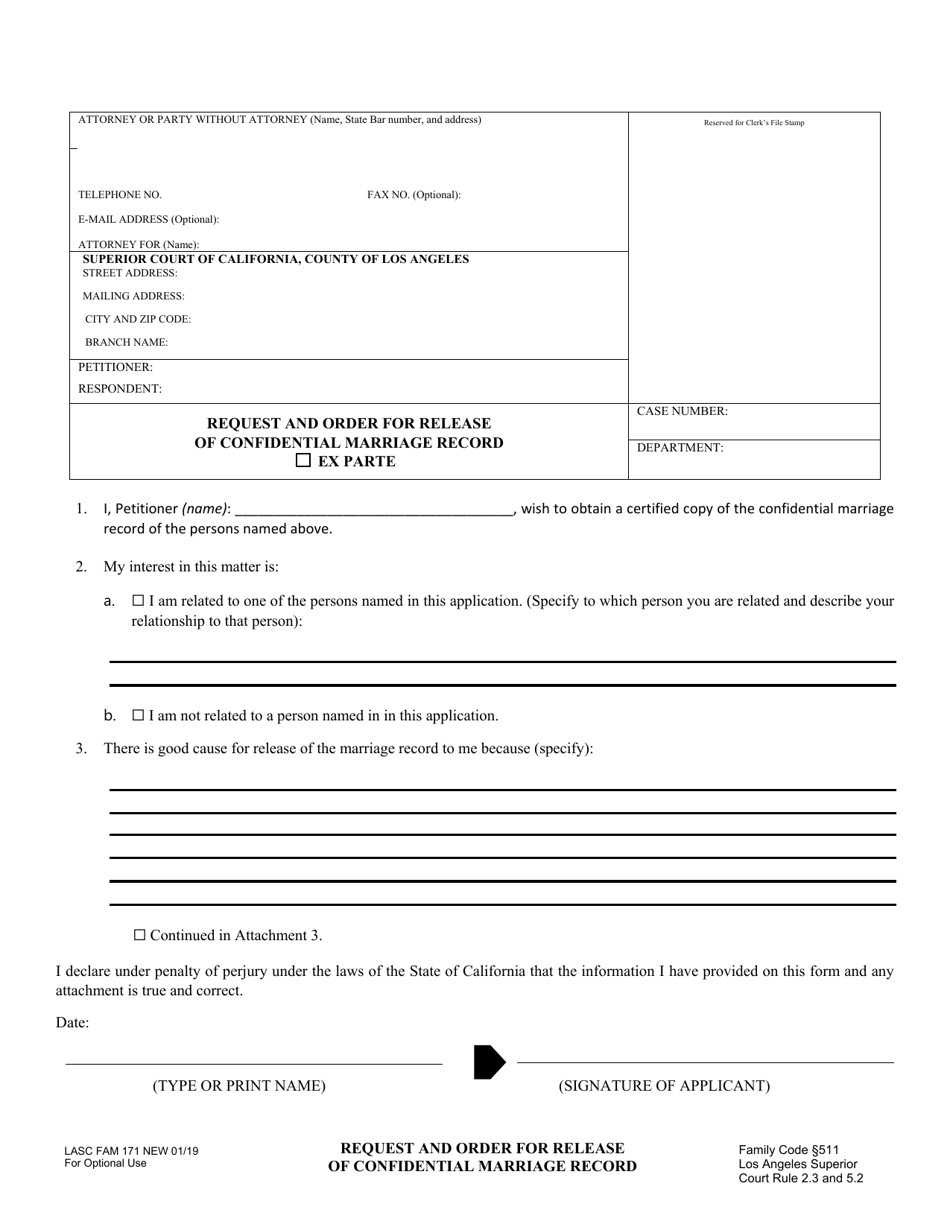 Form FAM171 Request and Order for Release of Confidential Marriage Record - County of Los Angeles, California, Page 1