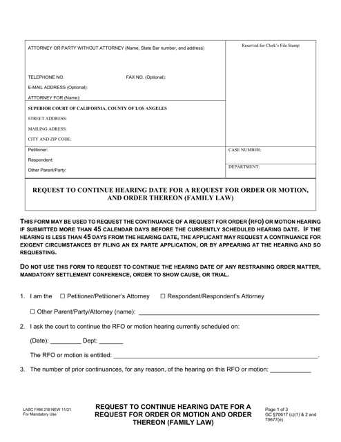 Form FAM218 Request to Continue Hearing Date for a Request for Order or Motion, and Order Thereon (Family Law) - County of Los Angeles, California