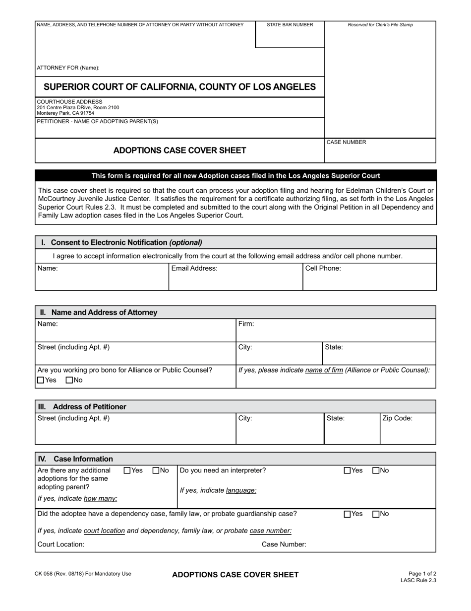 Form CK058 Adoptions Case Cover Sheet - County of Los Angeles, California, Page 1