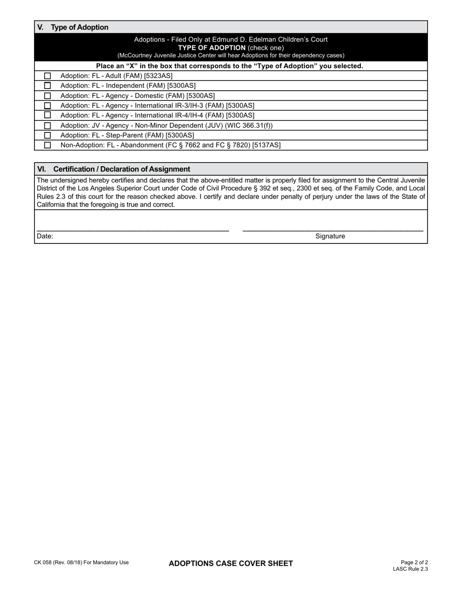 Form CK058 Adoptions Case Cover Sheet - County of Los Angeles, California, Page 2