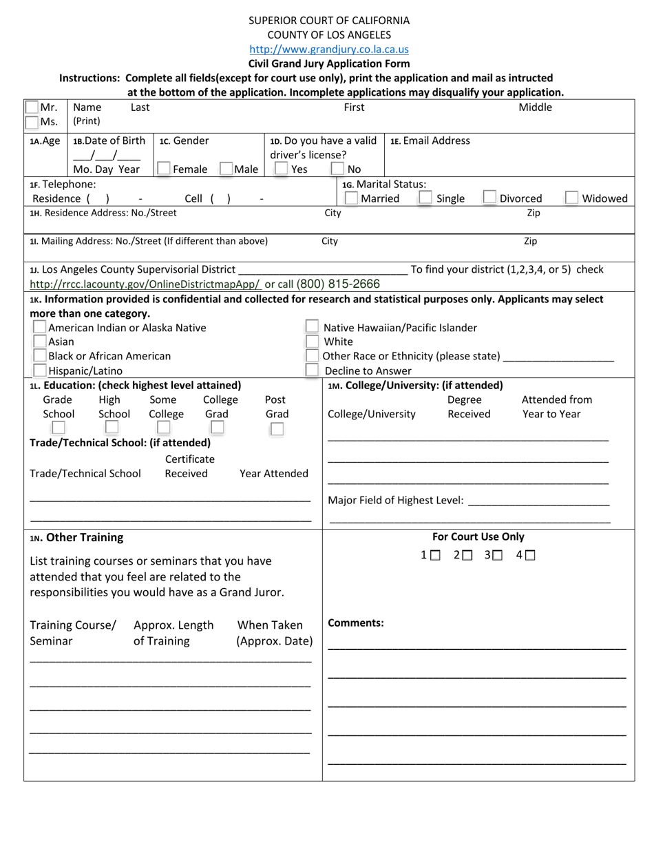 Civil Grand Jury Application Form - County of Los Angeles, California, Page 1