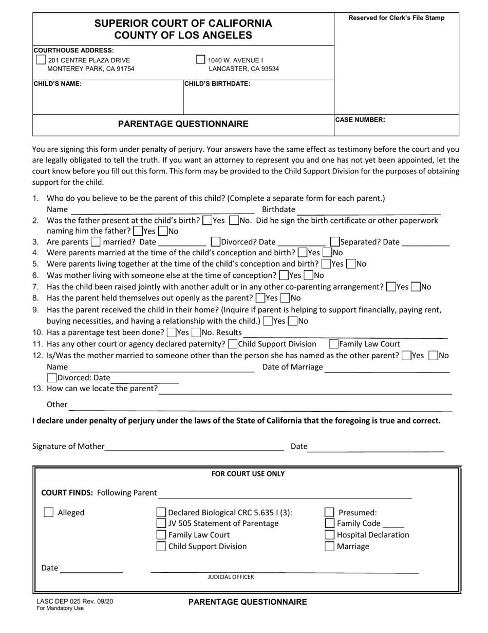 Form DEP025 Parentage Questionnaire - County of Los Angeles, California, Page 1