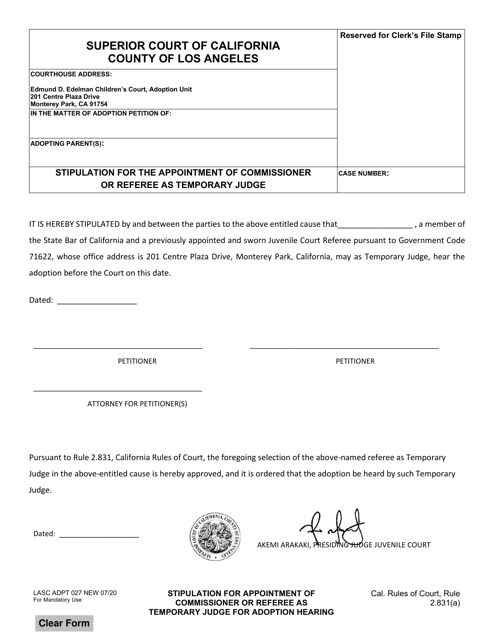 Form ADPT027 Stipulation for the Appointment of Commissioner or Referee as Temporary Judge - County of Los Angeles, California