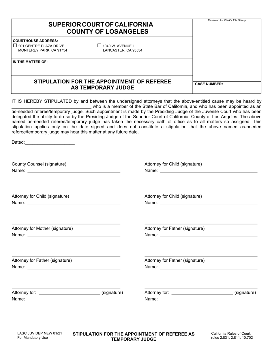 Form DEP061 Stipulation for the Appointment of Referee as Temporary Judge - County of Los Angeles, California, Page 1