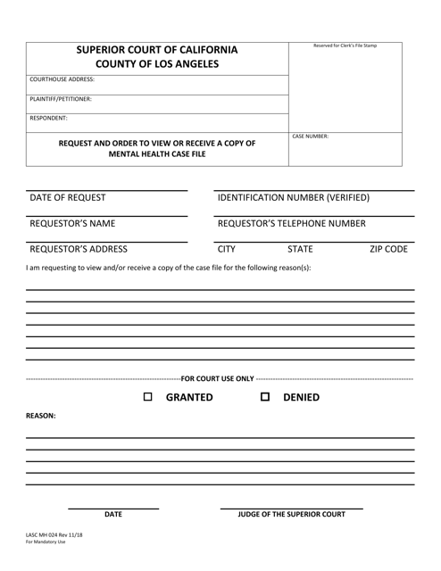 Form MH024 Request and Order to View or Receive a Copy of Mental Health Case File - County of Los Angeles, California