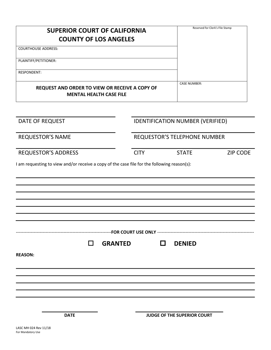 Form MH024 Request and Order to View or Receive a Copy of Mental Health Case File - County of Los Angeles, California, Page 1