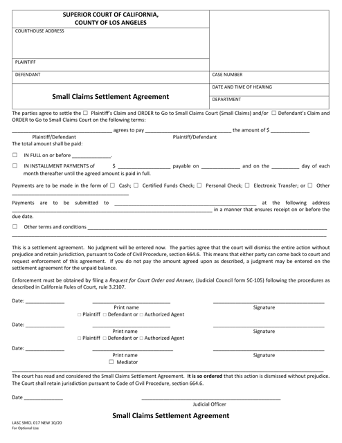 Form SMCL017 Small Claims Settlement Agreement - County of Los Angeles, California
