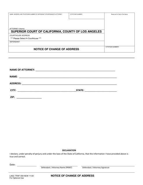 Form LASC TRAF059 Notice of Change of Address - County of Los Angeles, California