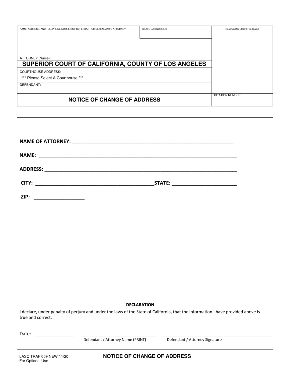 Form LASC TRAF059 Notice of Change of Address - County of Los Angeles, California, Page 1