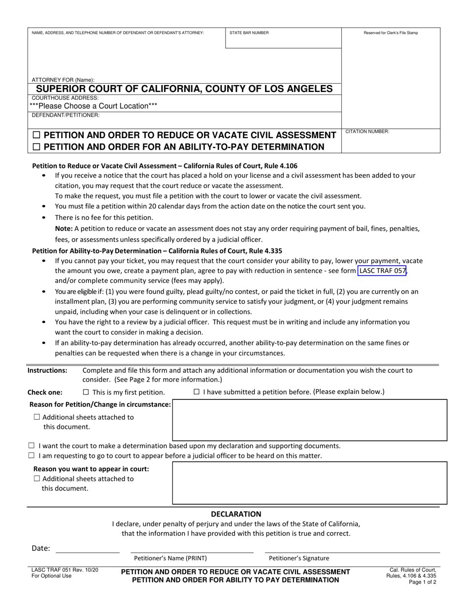 Form LASC TRAF051 Petition and Order to Reduce or Vacate Civil Assessments or Ablility to Pay Determination - County of Los Angeles, California, Page 1