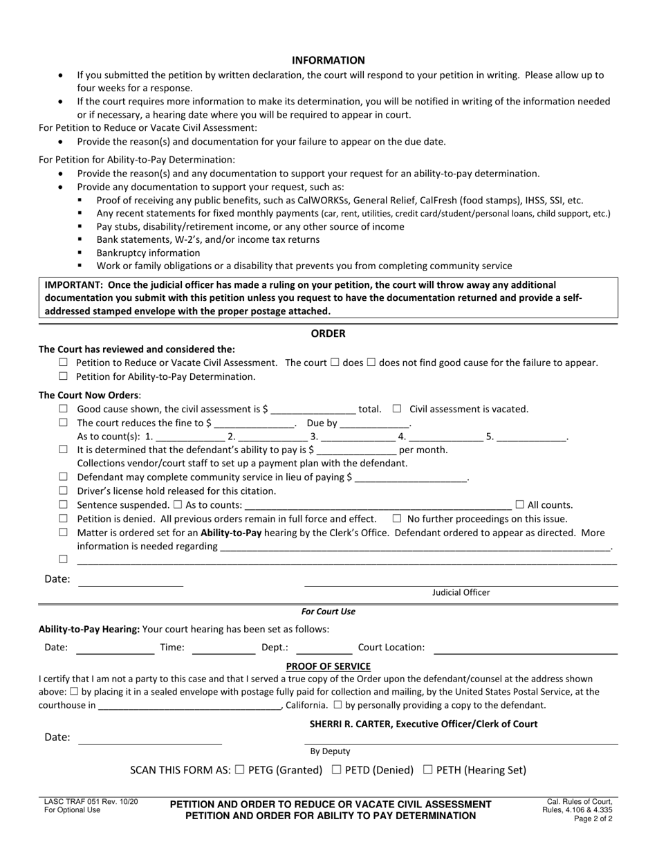 Form LASC TRAF051 Petition and Order to Reduce or Vacate Civil Assessments or Ablility to Pay Determination - County of Los Angeles, California, Page 2