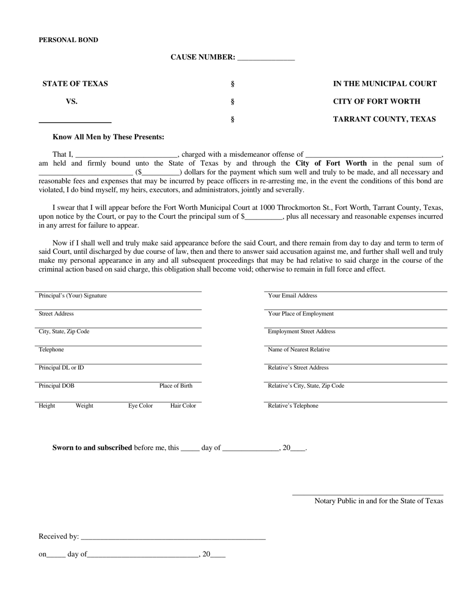 City of Fort Worth, Texas Personal Bond Fill Out, Sign Online and