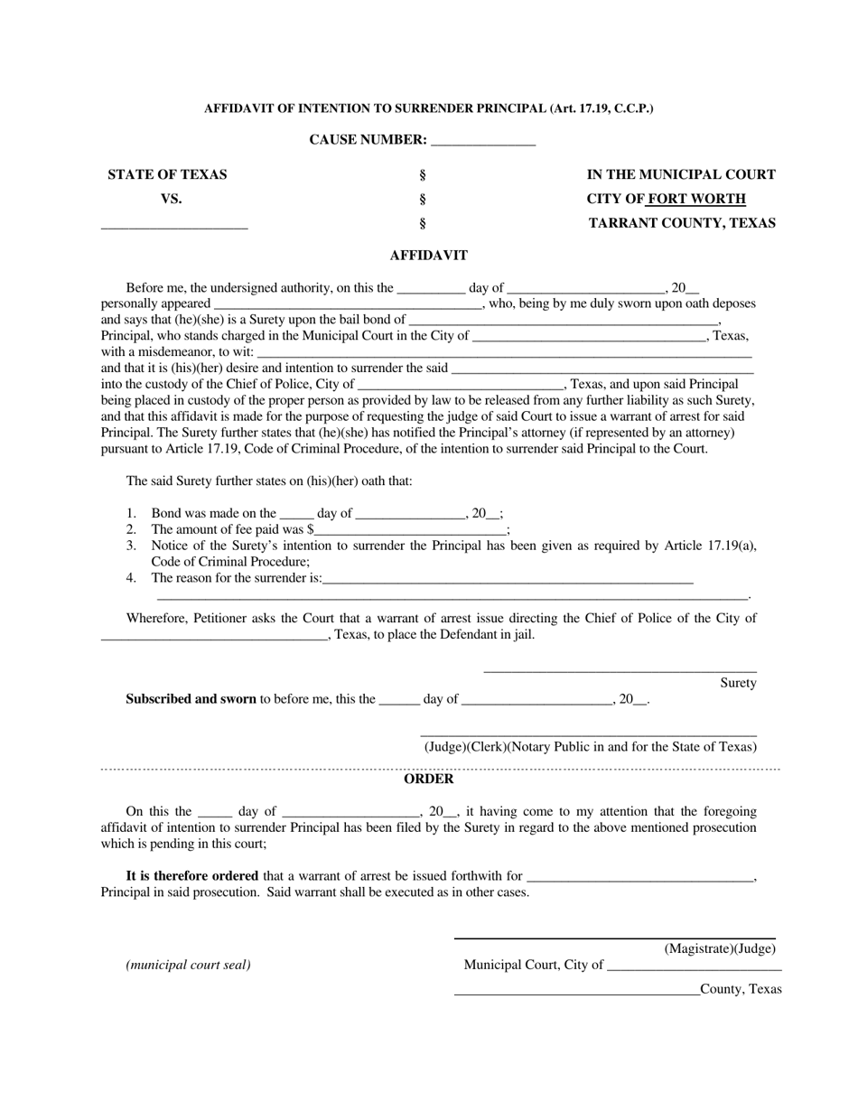 Affidavit of Intention to Surrender Principal - City of Fort Worth, Texas, Page 1