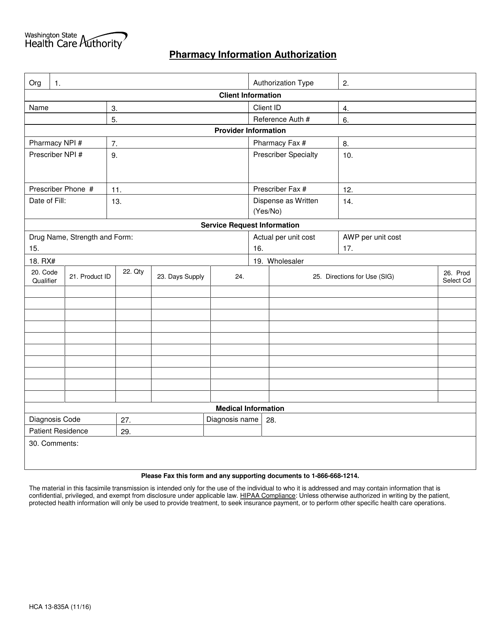 Form HCA13-835A  Printable Pdf
