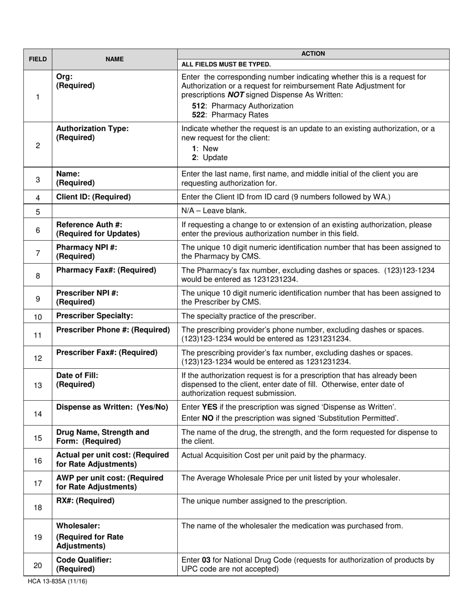Form HCA13-835A - Fill Out, Sign Online and Download Fillable PDF ...