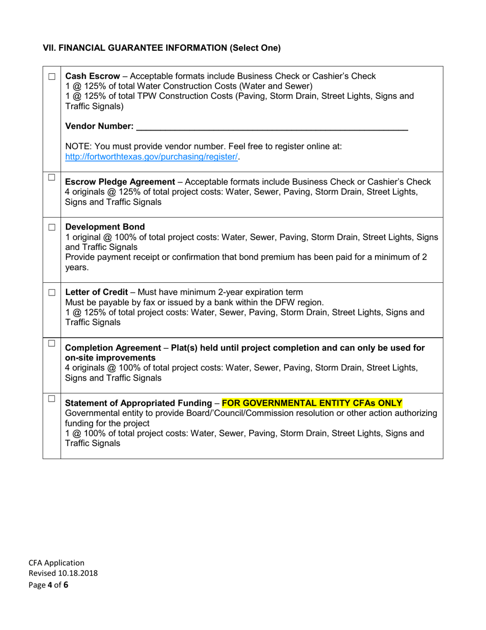 Community Facilities Agreement Application - City of Fort Worth, Texas, Page 4