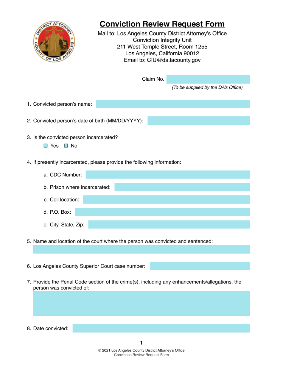 Conviction Review Request Form - County of Los Angeles, California, Page 1