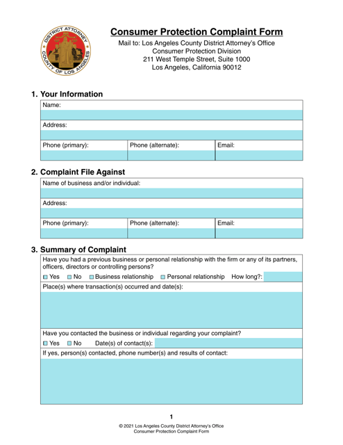 Consumer Protection Complaint Form - County of Los Angeles, California Download Pdf
