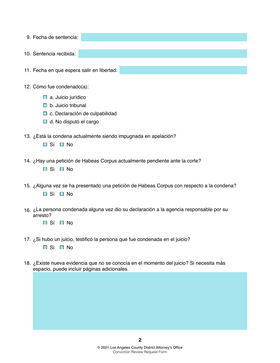 Solicitud De Revision De Condena - County of Los Angeles, California (Spanish), Page 2